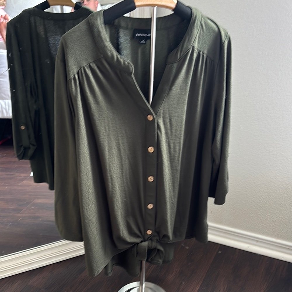 Tan Button Down Blouse with 3/4 Sleeves and Tie Front